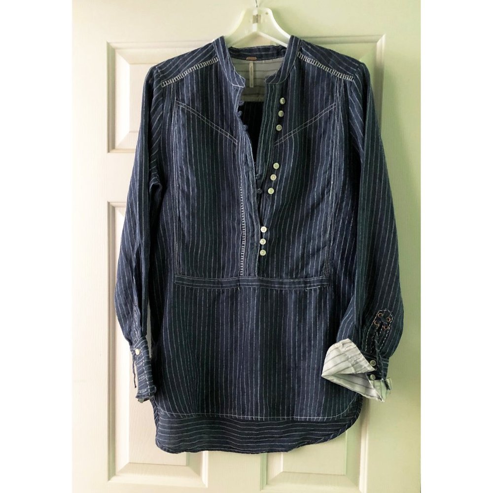 Free People Engineer's Tunic Blue Pin Stripe Sz S